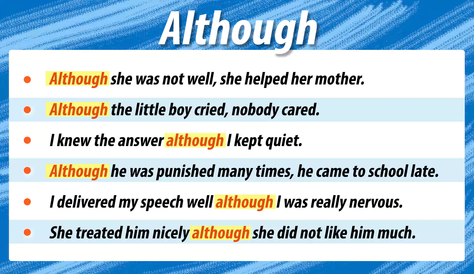 50 Example Sentences of   Although in English