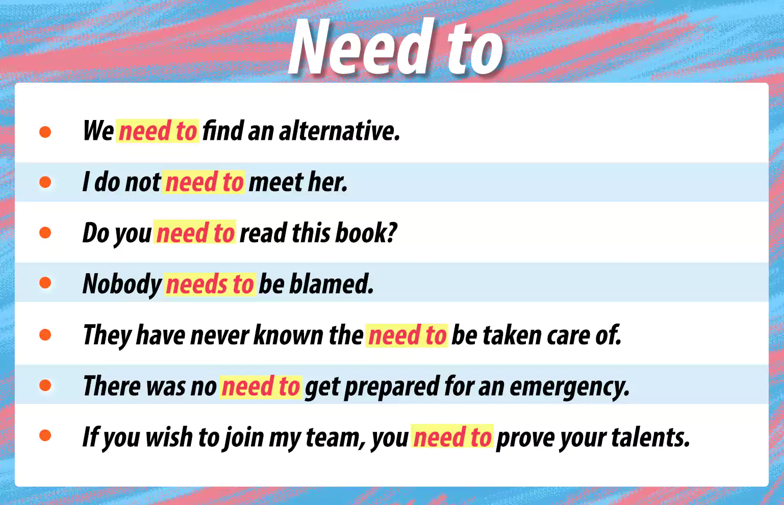 50 Example Sentences of NEED TO in English